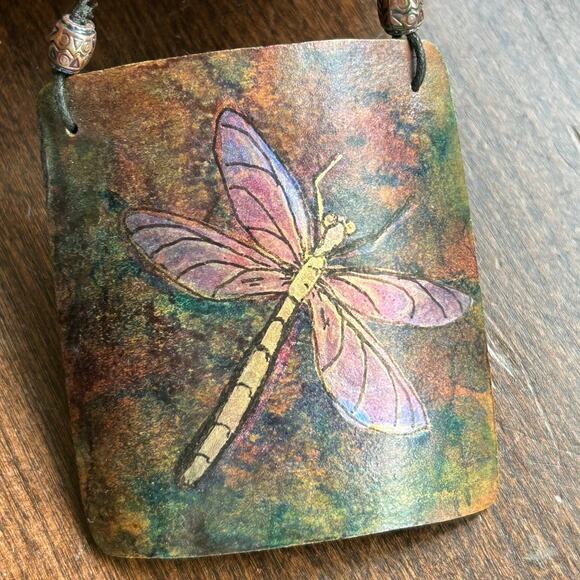Hand carved painted folk art Gourd wall hanging plant charm dragonfly necklace - Picture 1 of 5